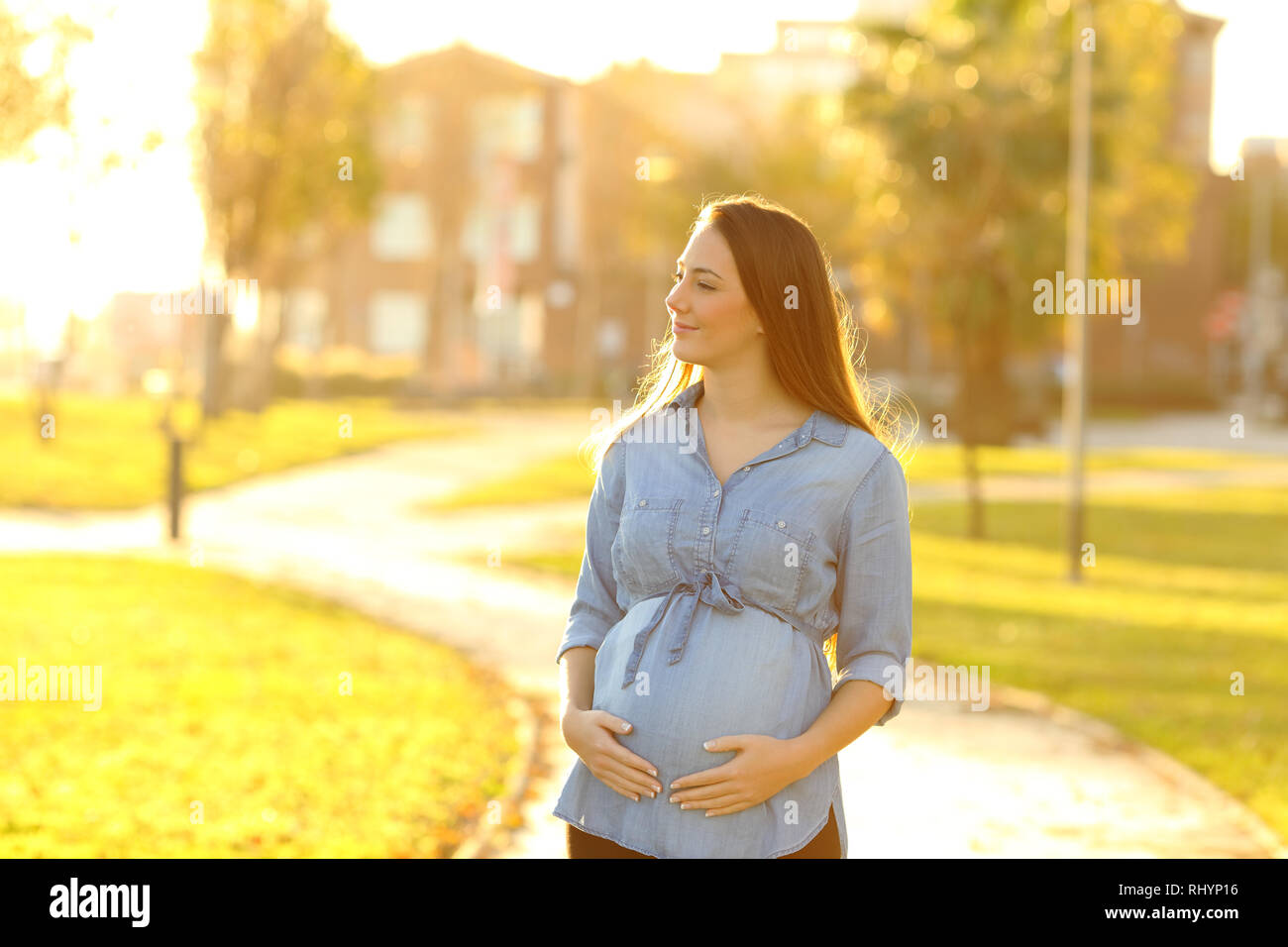 Portrait of a pregnant woman walking towards camera looking at side in a park at sunset Stock Photo