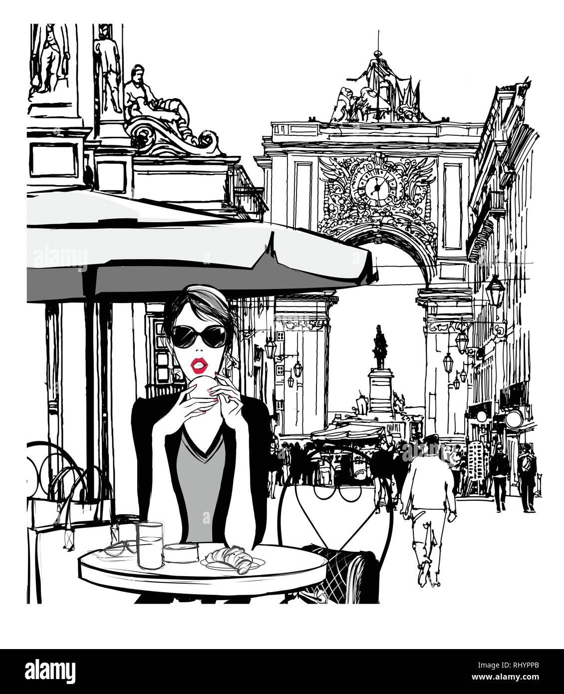 Woman having breakfast in the street of Lisbon - vector illustration Stock Vector