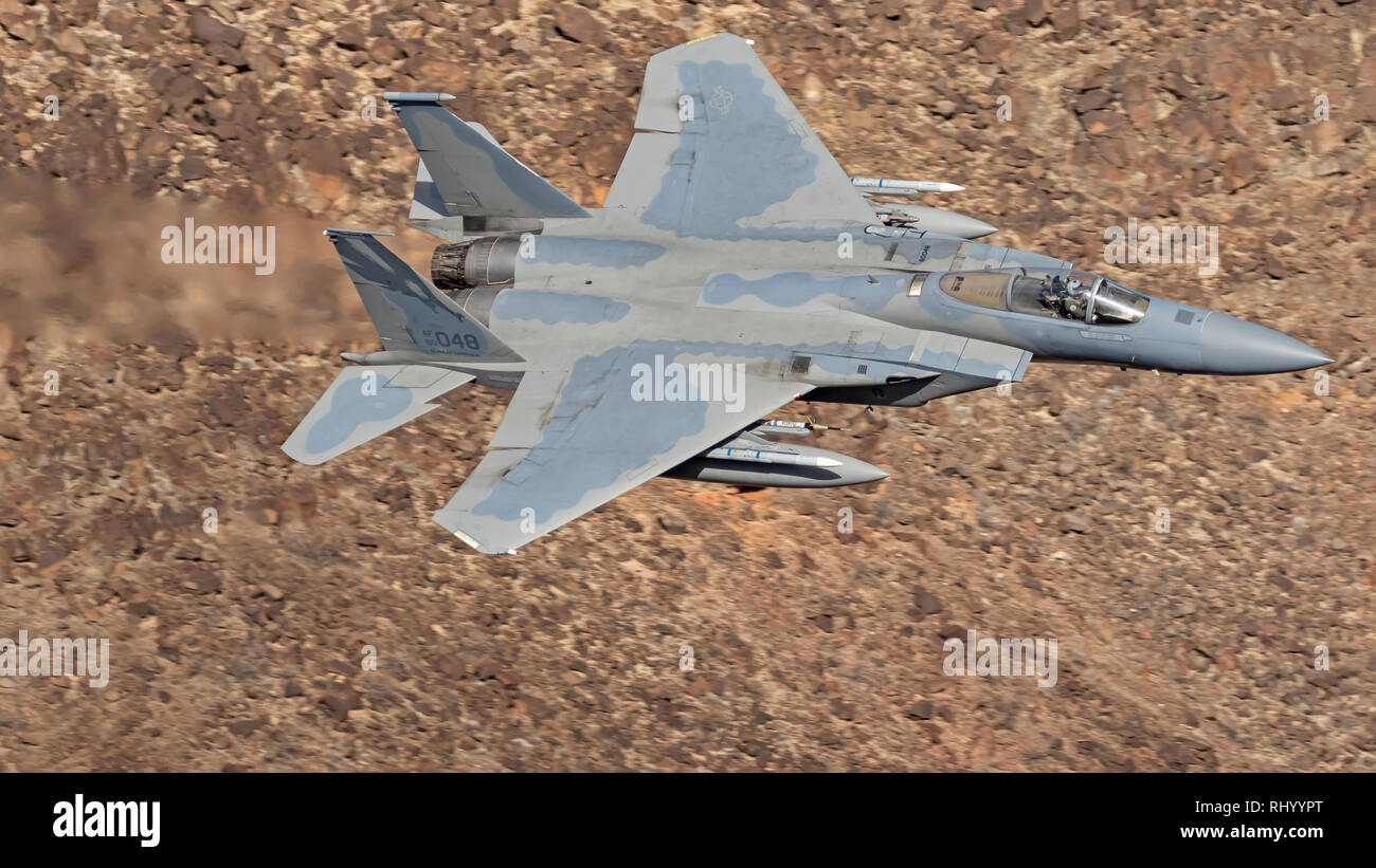 Jet fighter flying at Star Wars Canyon training area in the California desert Stock Photo