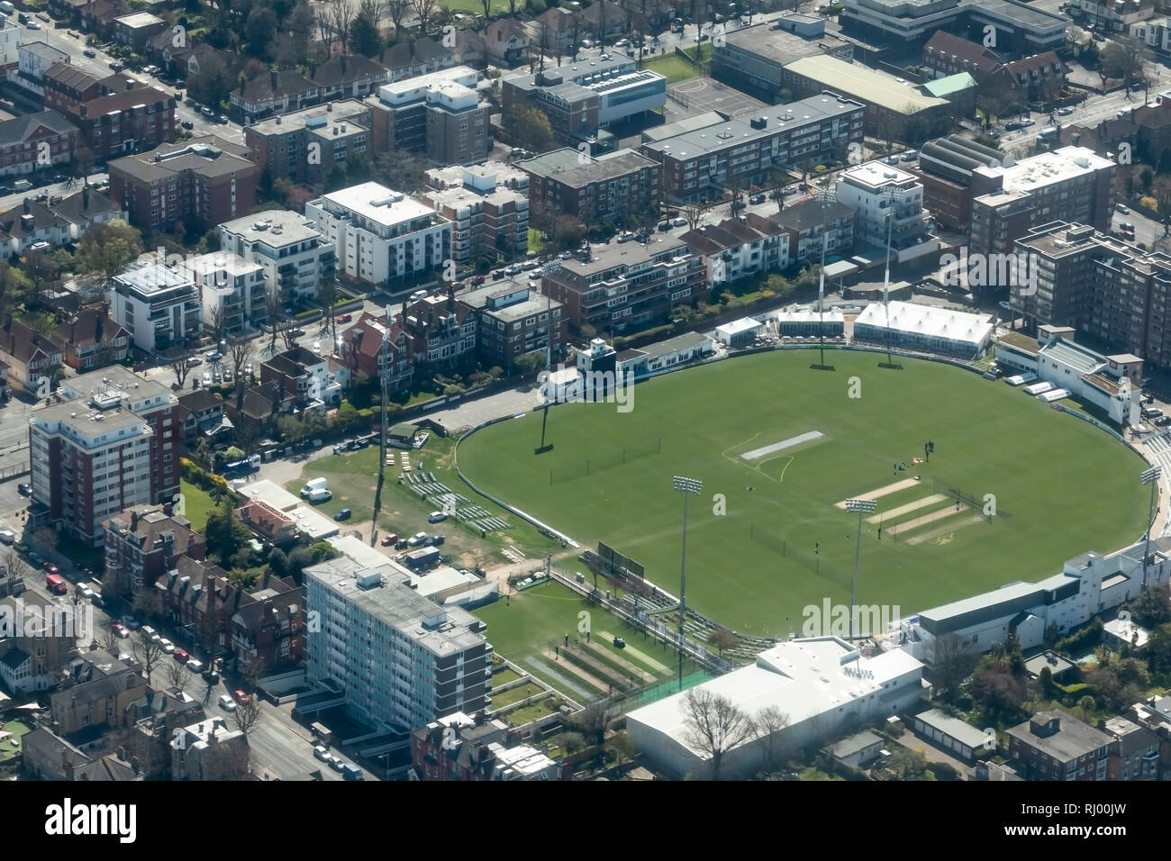 Aerial view over Hove Cricket Ground, UK Stock Photo