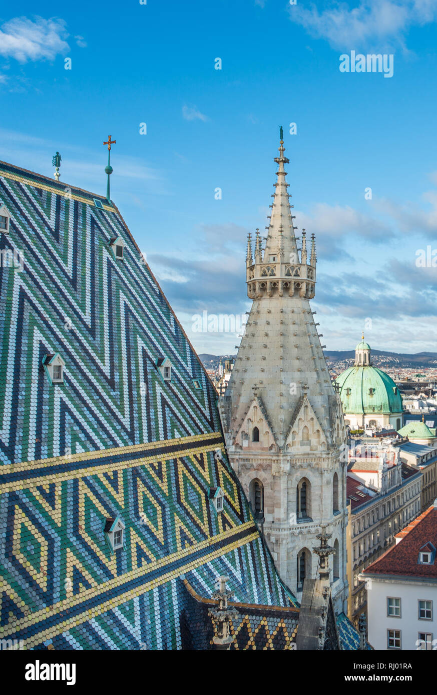 Elevated view from St. Stephens Cathedral (Stephansdom) North tower in Vienna, Austria. Stock Photo