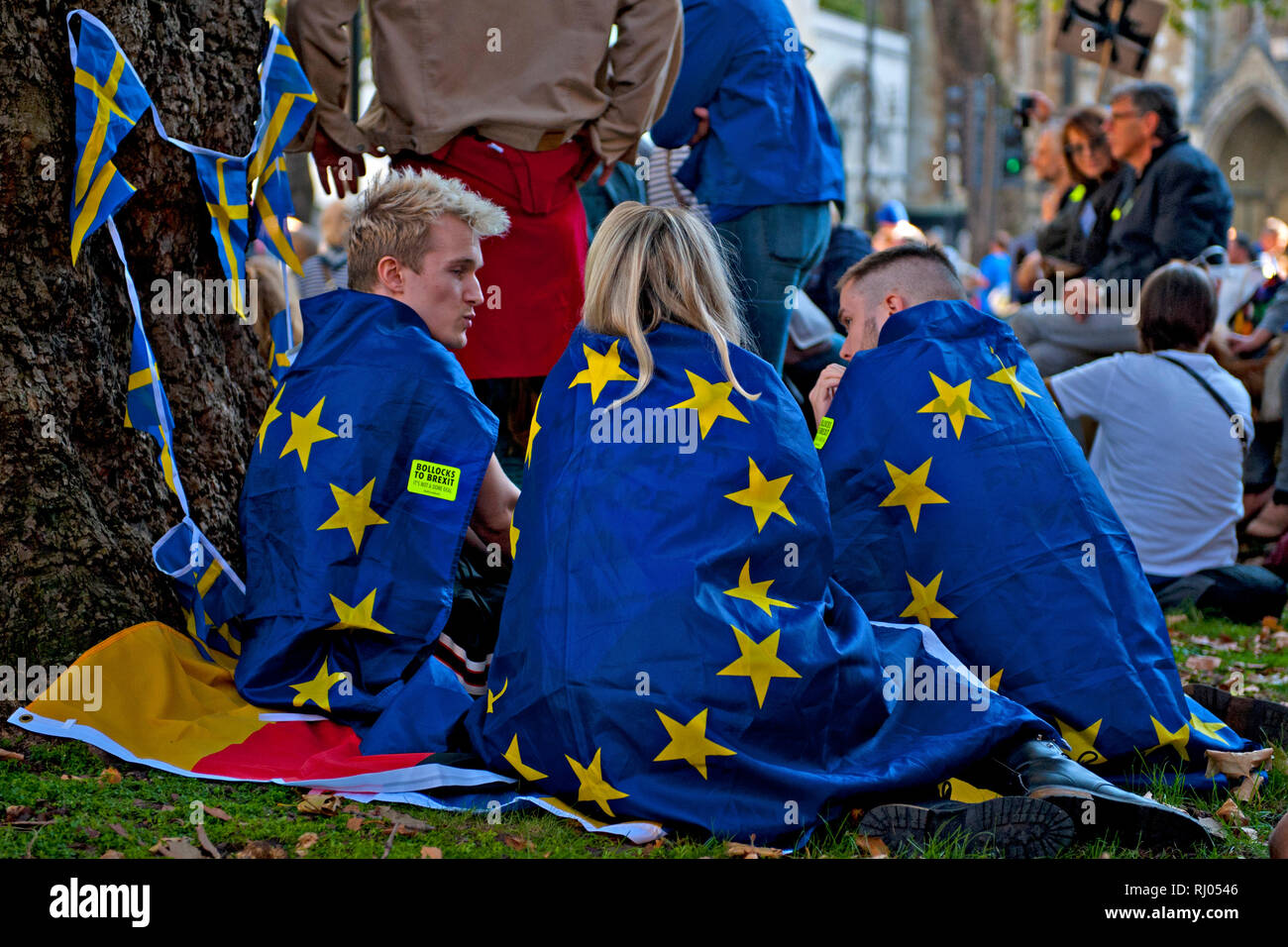 Three young people wrapped in European Union flags at a rally opposing Brexit and supporting a new vote, or 'people's vote' Stock Photo