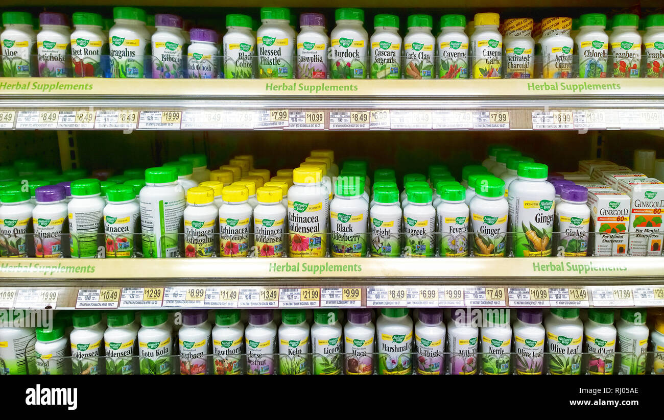 Syracuse, New York, USA. February 4, 2019. Herbal supplements aisle at a Wegman's grocery store Stock Photo