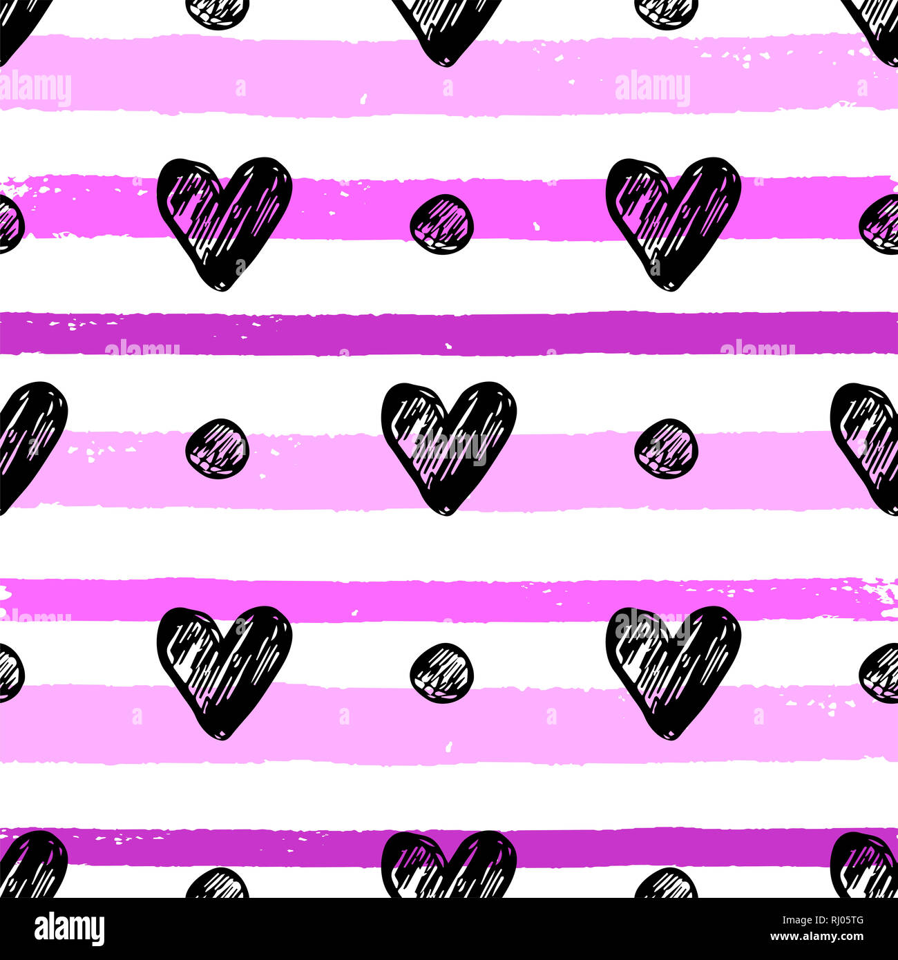 Decorative festive seamless pattern with black hearts and pink lines ...