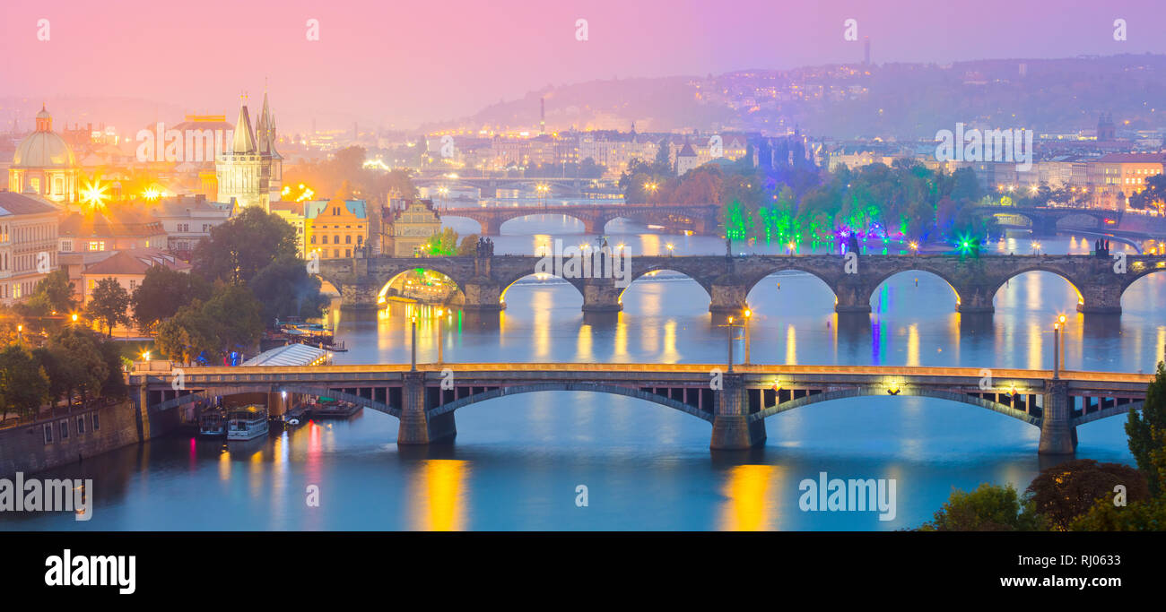 Panoramic view of Prague landmarks at sundown or night time, most popular place, Czech Republic, Europe , famous Stock Photo