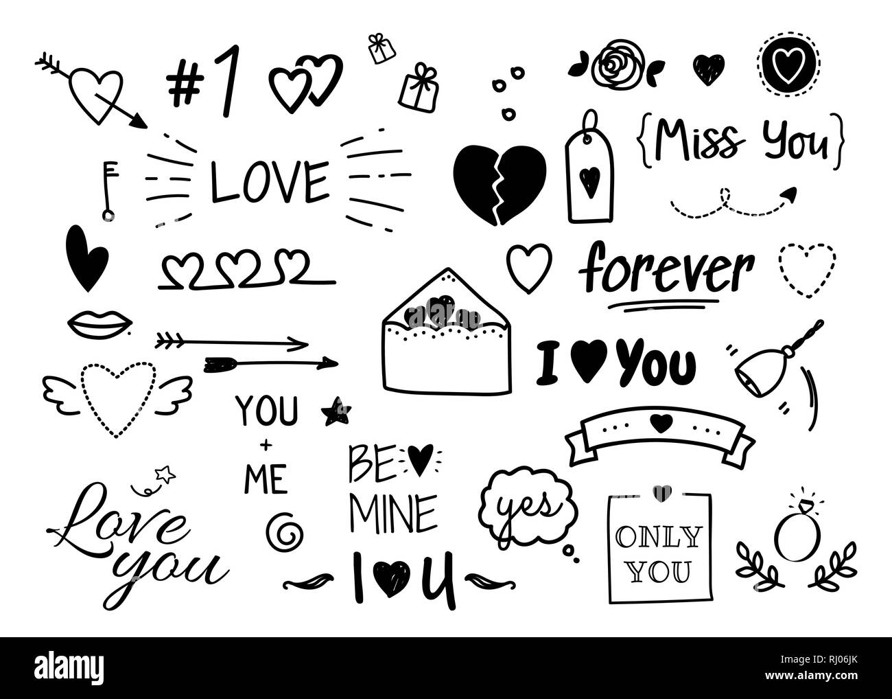 Vector collection with heart, envelope, key, arrow, lettering text. Set of hand drawn doodle love elements for Valentine s Day card. Stock Vector