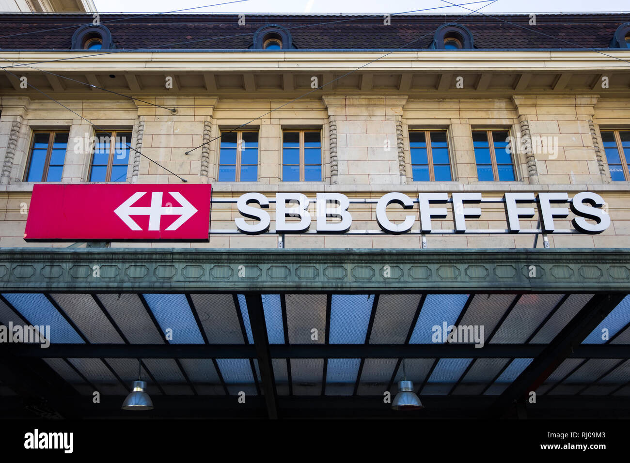 LAUSANNE, SWITZERLAND - SEPTEMBER 24, 2018: Detail of train station in Lausanne, Switzerland with logo of  Swiss Federal Railways company. It is Switz Stock Photo