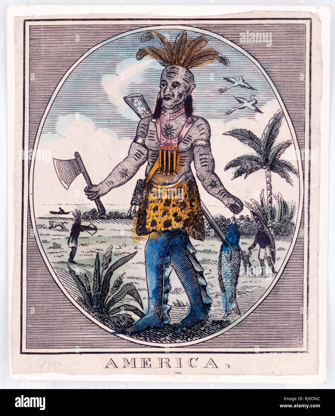 Print shows a Native man, full-length portrait, facing left, wearing a feathered headdress, a waist-cloth and leggings, with a rifle strapped to his back, carrying a hatchet in his right hand and a fish in his left, in a tropical region; in a circular medallion. Stock Photo