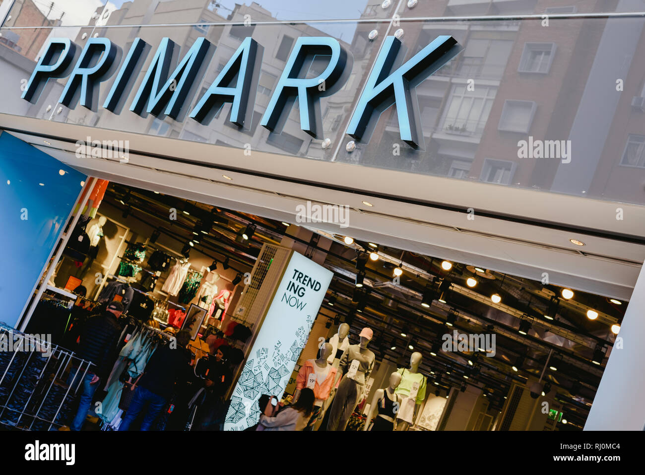 Valencia, Spain - February 2, 2019: Facade of the first Primark low ...