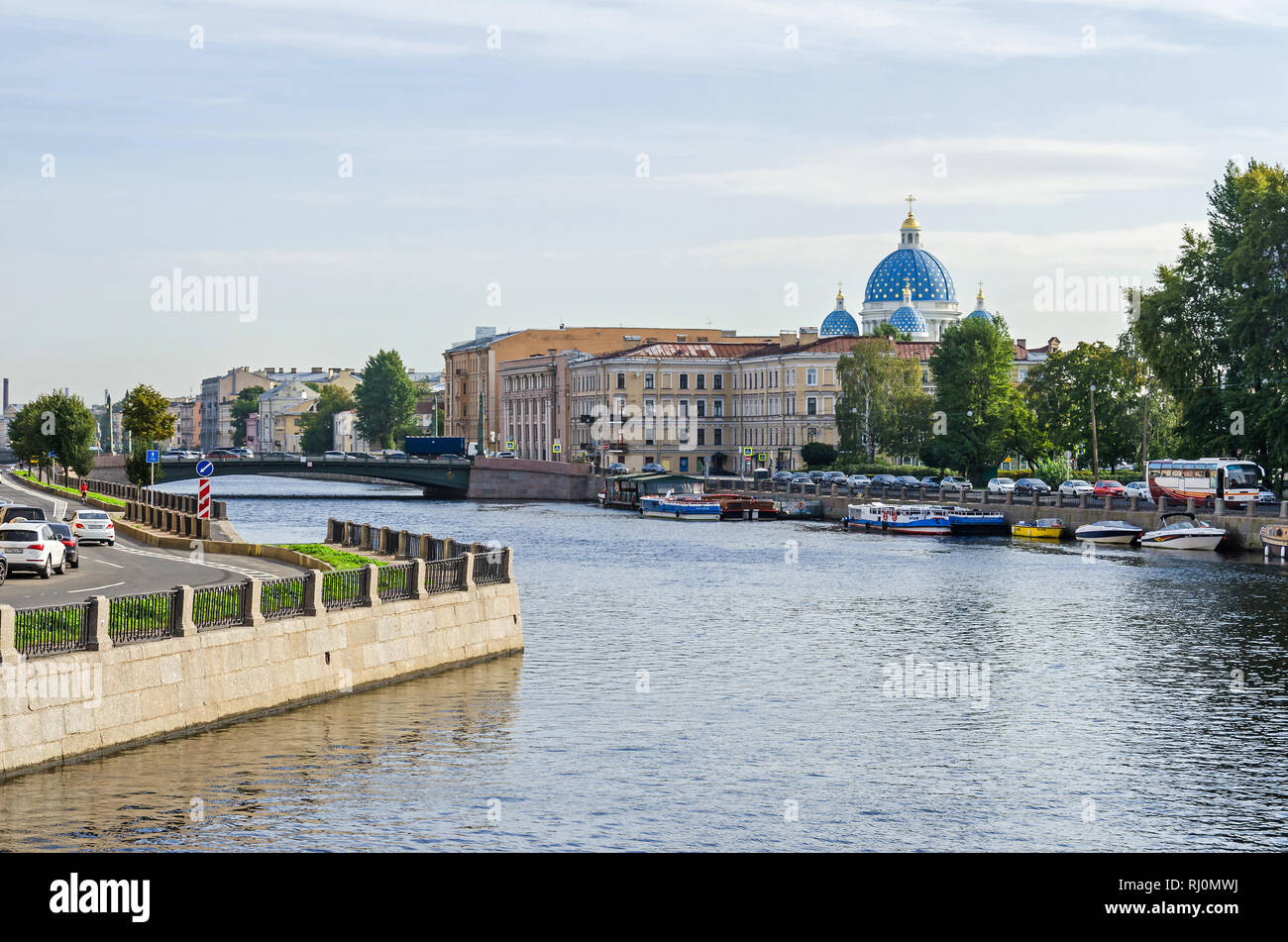 Saint Petersburg, Russia -  September 9, 2018:Fontanka river embankment, the English Bridge and the Trinity Cathedral, also called  Troitsky Cathedral Stock Photo