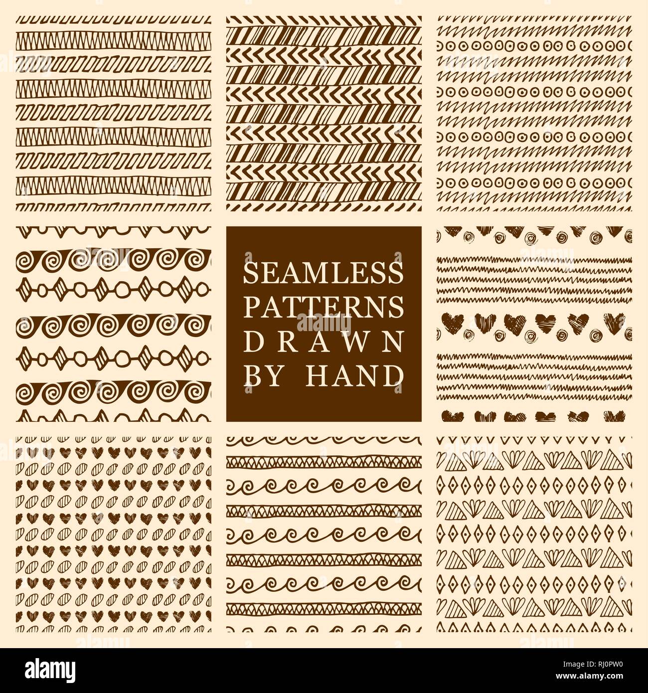 Vector set of hand drawn seamless patterns made with ink. Freehand ...