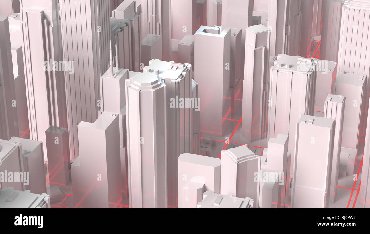 Digital 3d rendering city. Light trails symbolise data travelling in modern city Stock Photo