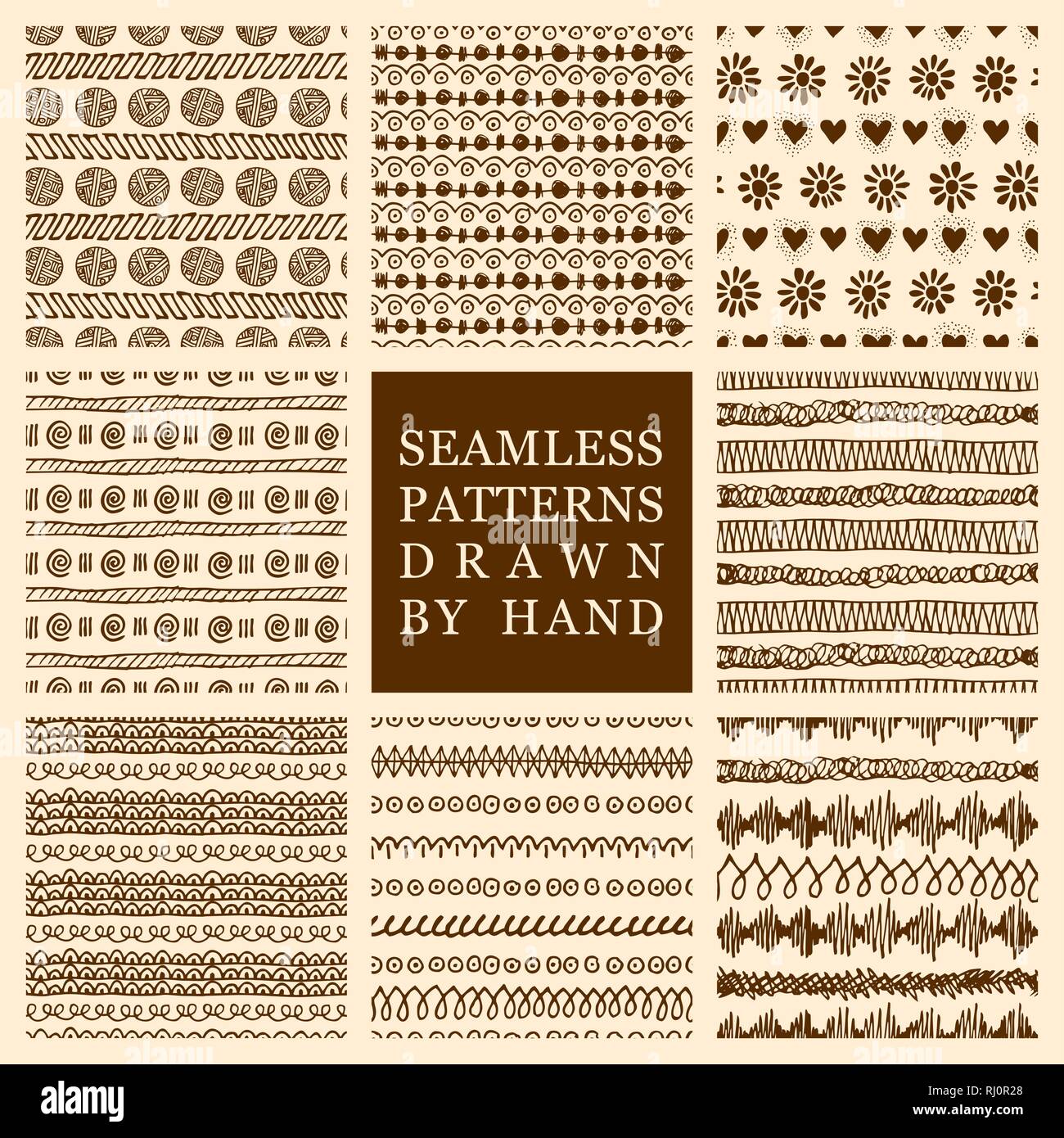 Vector set of hand drawn seamless patterns made with ink. Freehand ...
