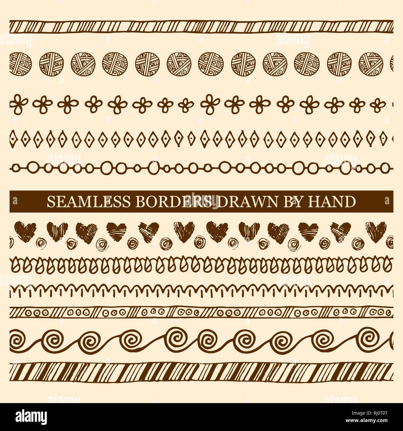 Vector set of hand drawn seamless borders made with ink. Freehand ...