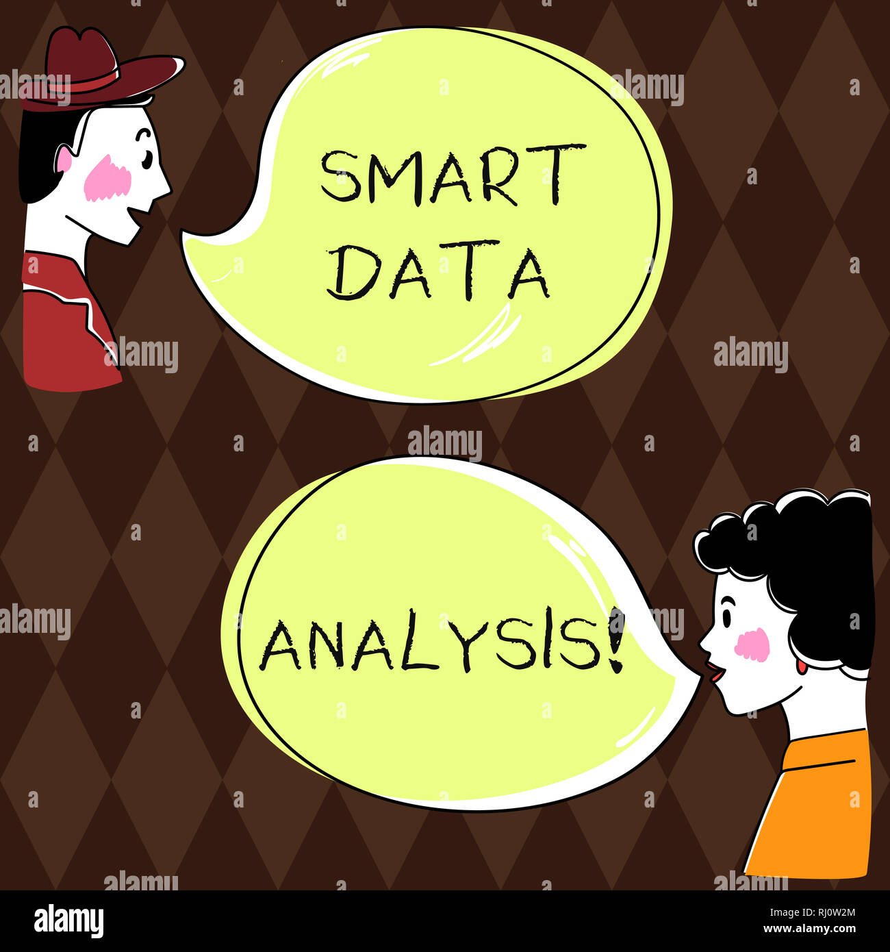 Word writing text Smart Data Analysis. Business concept for collecting and analyzing infos to make better decisions Hand Drawn Man and Wo analysis Tal Stock Photo