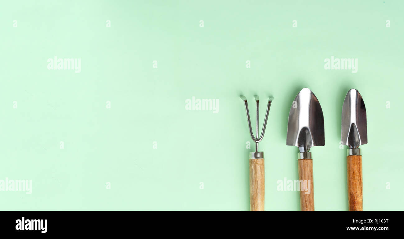 Collection of gardening, trowel, spade and rake on a green background