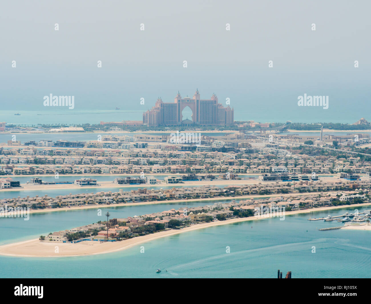 View on residential buildings on Palm Jumeirah island. The Palm