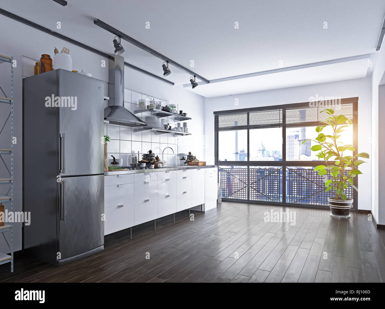 loft kitchen interior. 3d rendering design Stock Photo - Alamy