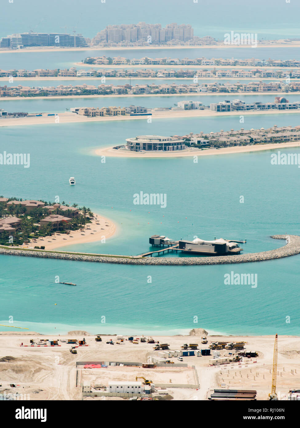 View on residential buildings on Palm Jumeirah island. The Palm