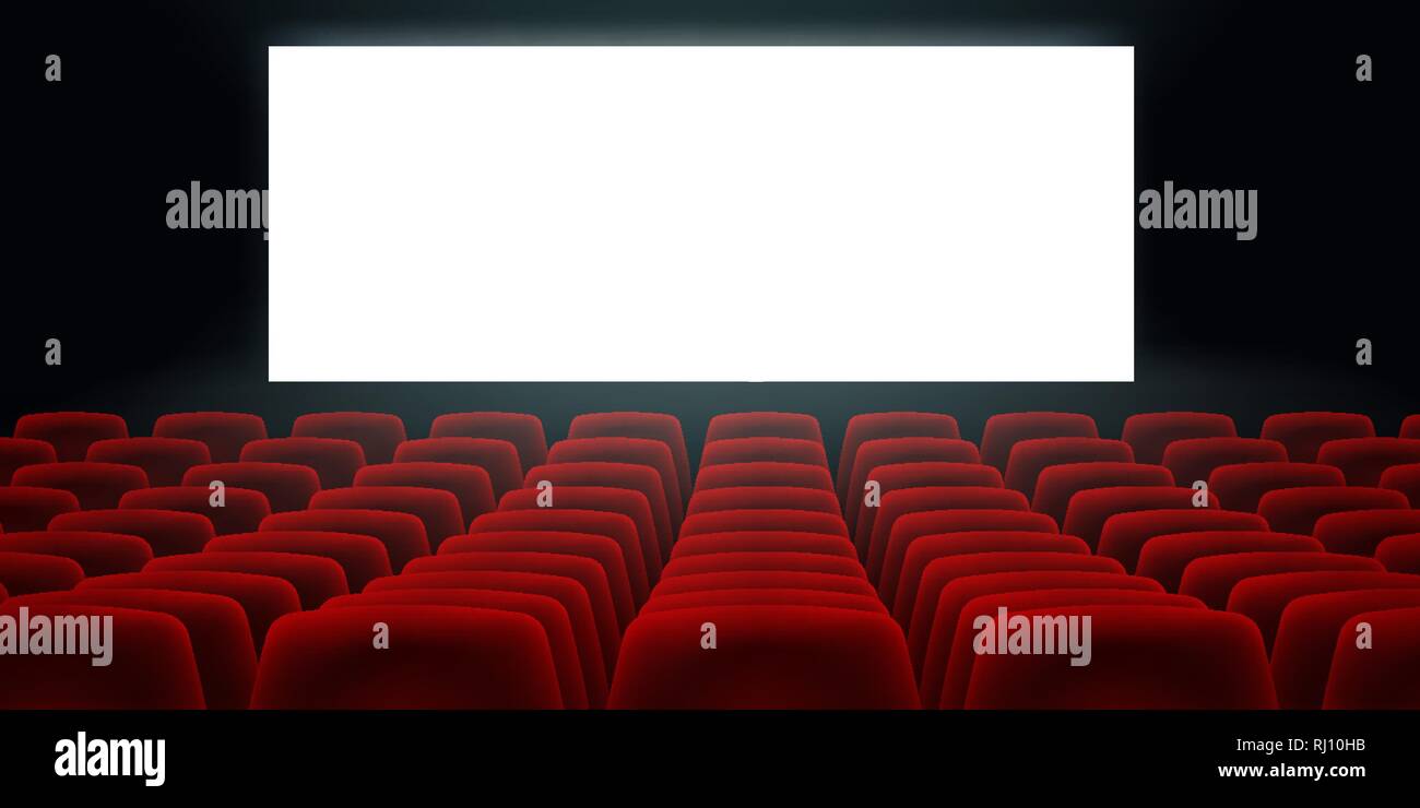 Cinema Hall With White Blank Screen And Red Rows Cinema Movie Theater Seats. Stock Vector