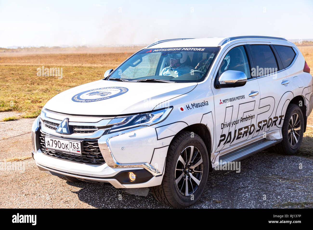 Samara, Russia - September 23, 2018: Off-road car Mitsubishi Pajero Sport 4x4 parked on the field for test driving Stock Photo