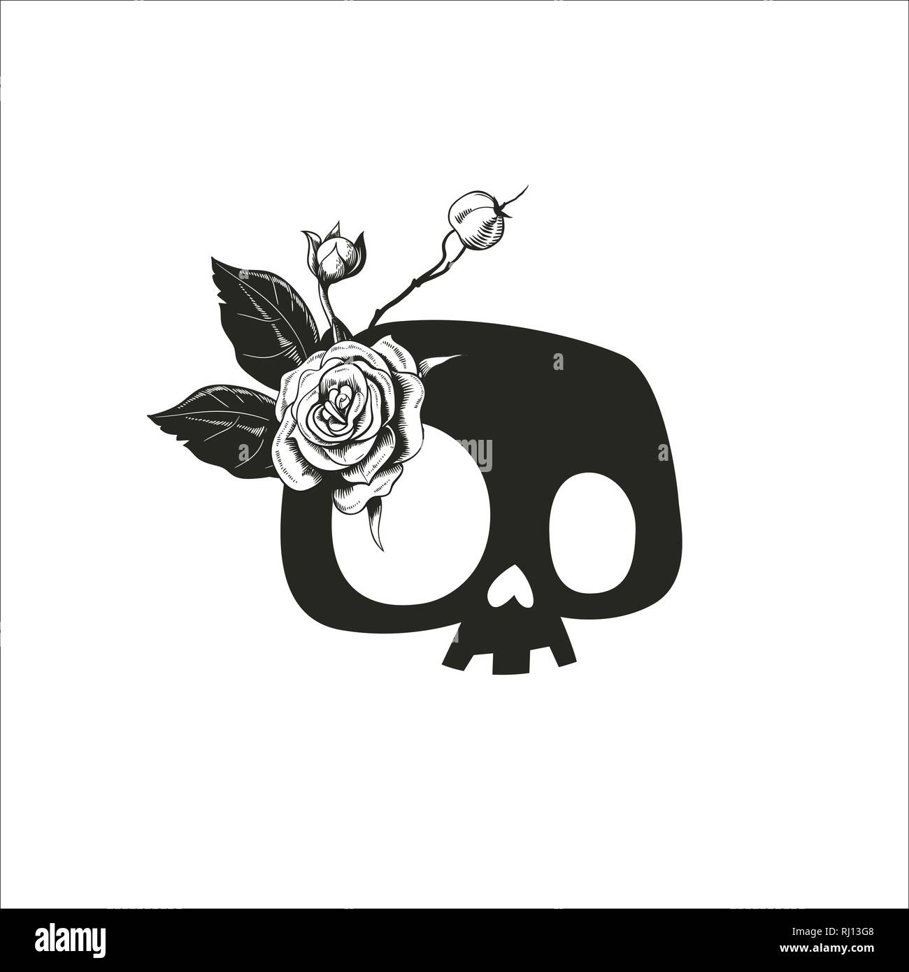 Fashion Human Flower Skull Black Print Poster. Floral T-shirt Print Badge Monochrome Design. Death Abstract Blackwork Tattoo Sign Template Flat Vector Stock Vector
