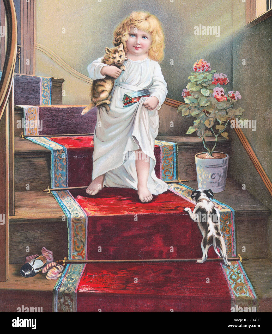 Print shows a young girl holding a kitten in her right arm and carrying a toy Noah's Ark(?) in her left hand, coming down stairs that are carpeted with a runner, a puppy is waiting to greet them; Stock Photo