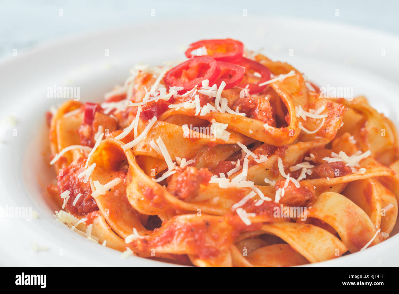 Portion of tagliatelle pasta with amatriciana sauce Stock Photo Alamy