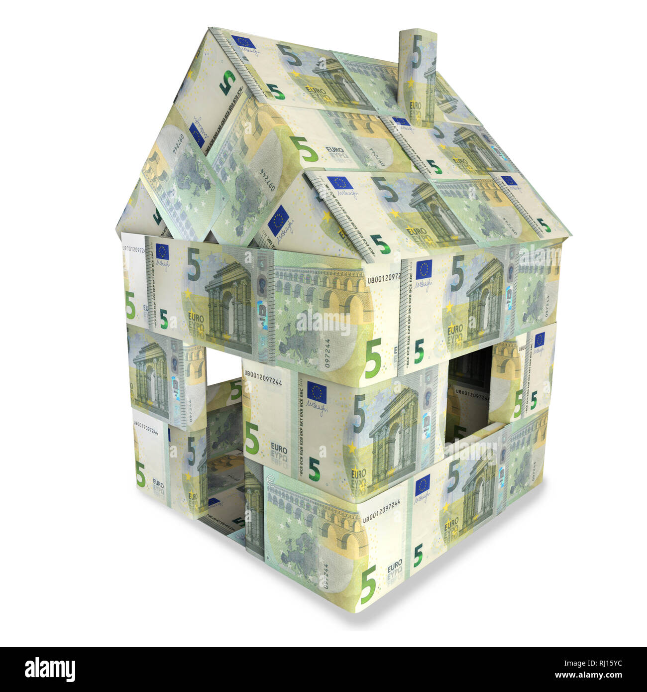 House made of 5 Euro notes an small money Stock Photo