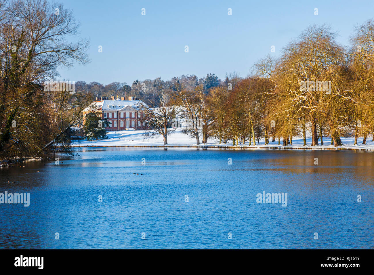 A snowy winter's day on the Ramsbury Manor Estate in Wiltshire. Stock Photo