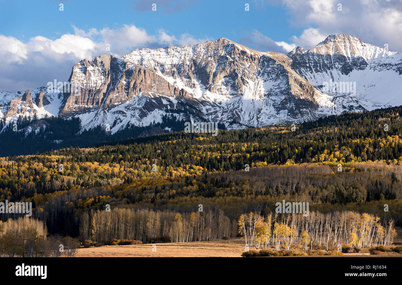 The Sneffels Mountain Range in early Autumn viewed from the Last Dollar Road along the Dallas Divide, Colorado. Stock Photo