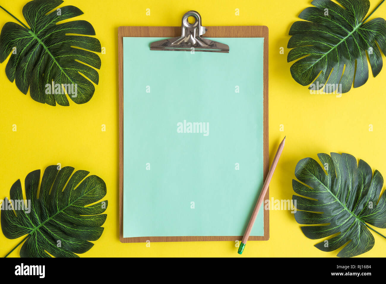 Flat lay of blank clip board and monstera leaves against yellow background minimal summer creative concept. Space for copy. Stock Photo