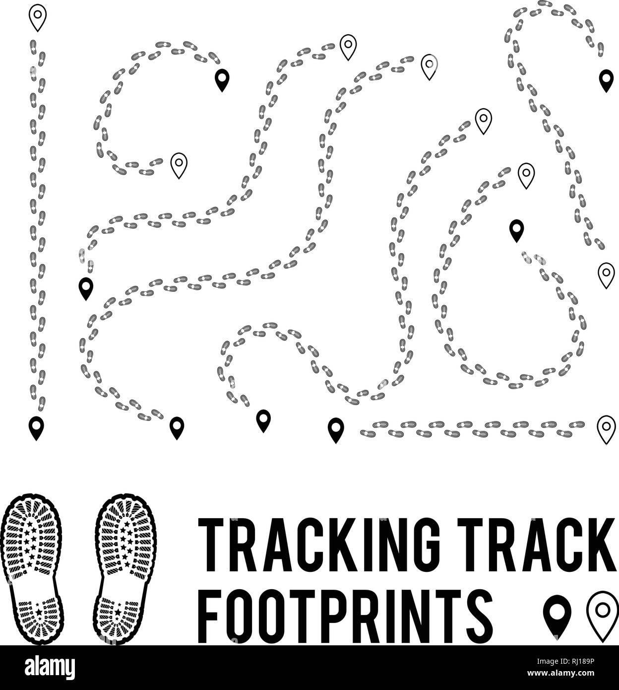 Tracking of human footprints to track walk paths. Silhouette from shoes. Vector illustration Stock Vector