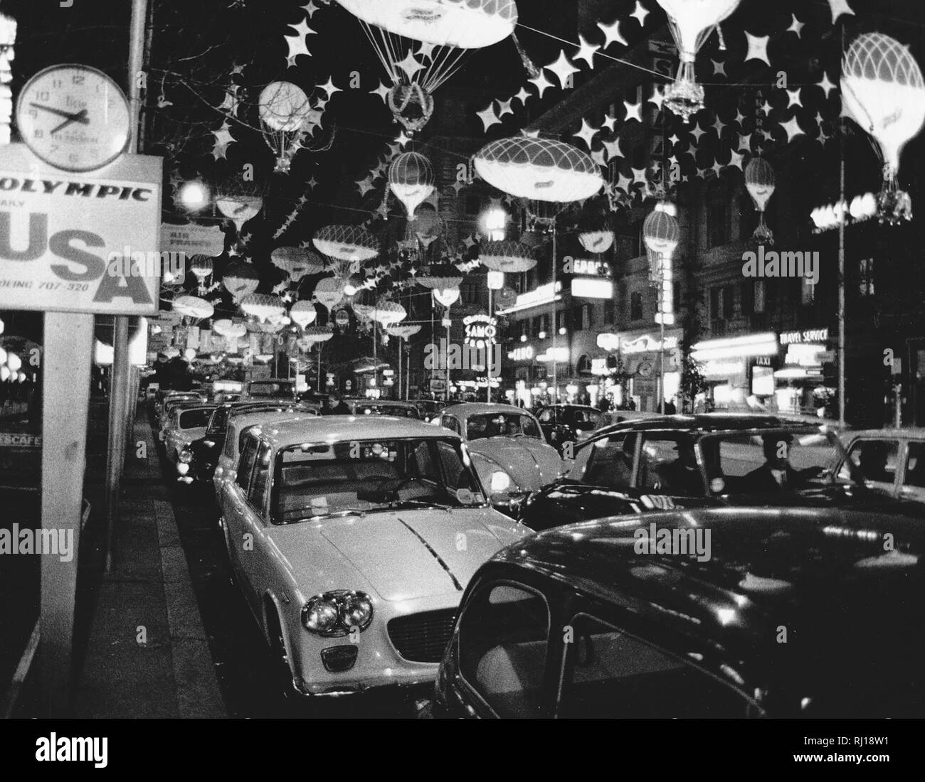 Rome by Night. 1979. A Roman street probably at Christmas-New Years. Stock Photo