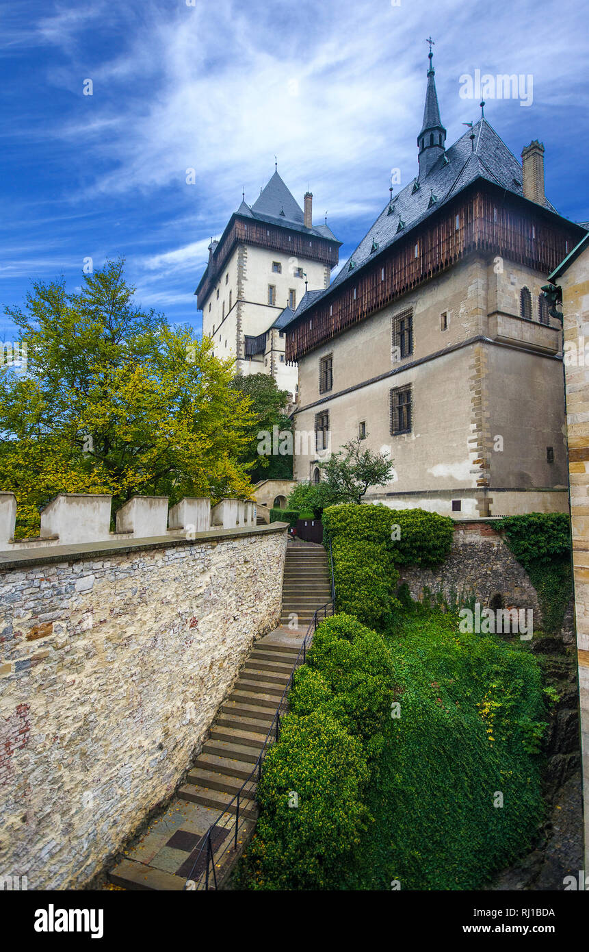 inside courtyard and towers and walls of famous Gothic royal medieval Karlstejn castle near Prague, Central Bohemia in Czech Republic. Stock Photo