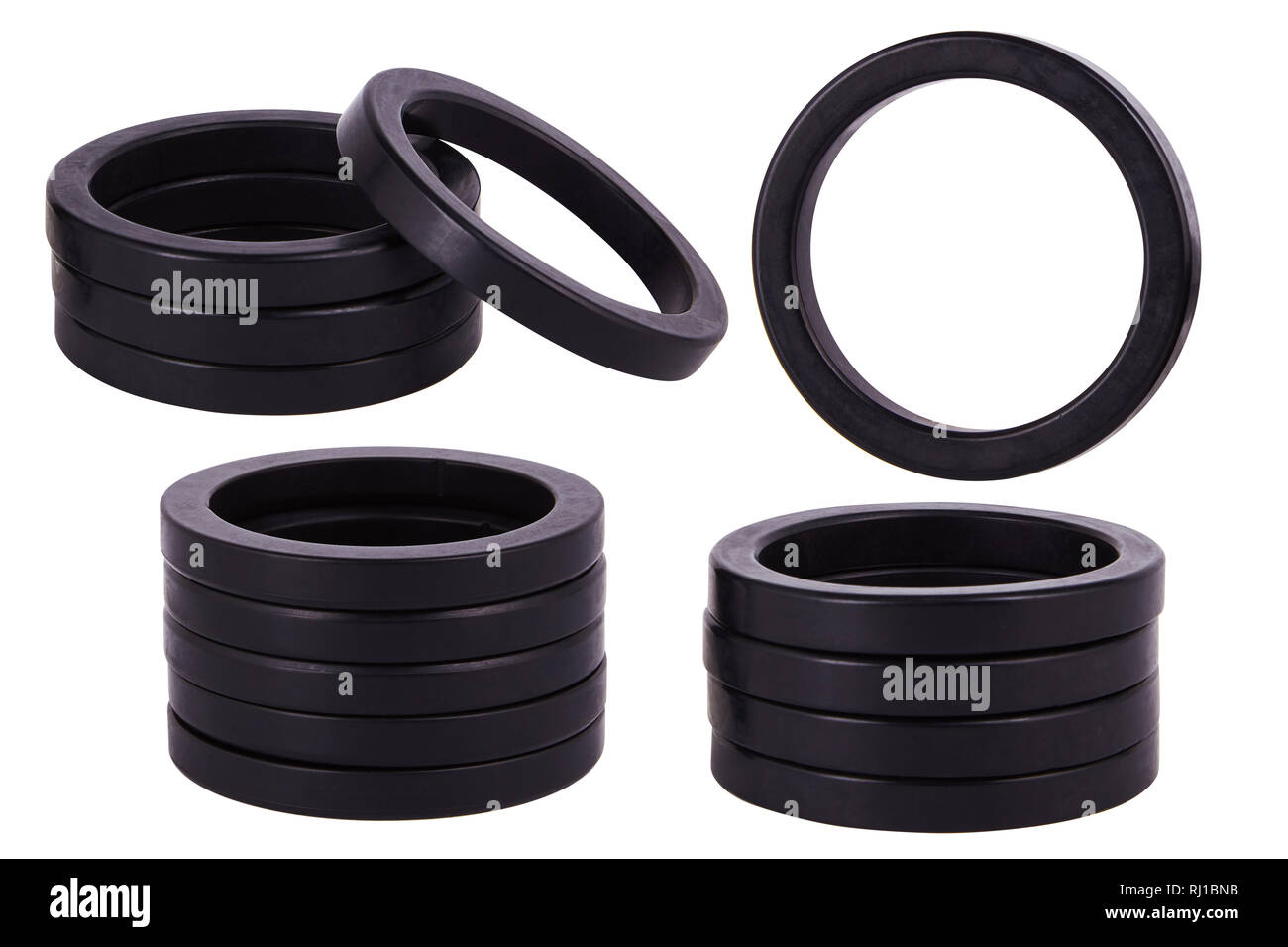 Set of black gaskets isolated. Oil seals for hydraulic cylinders for