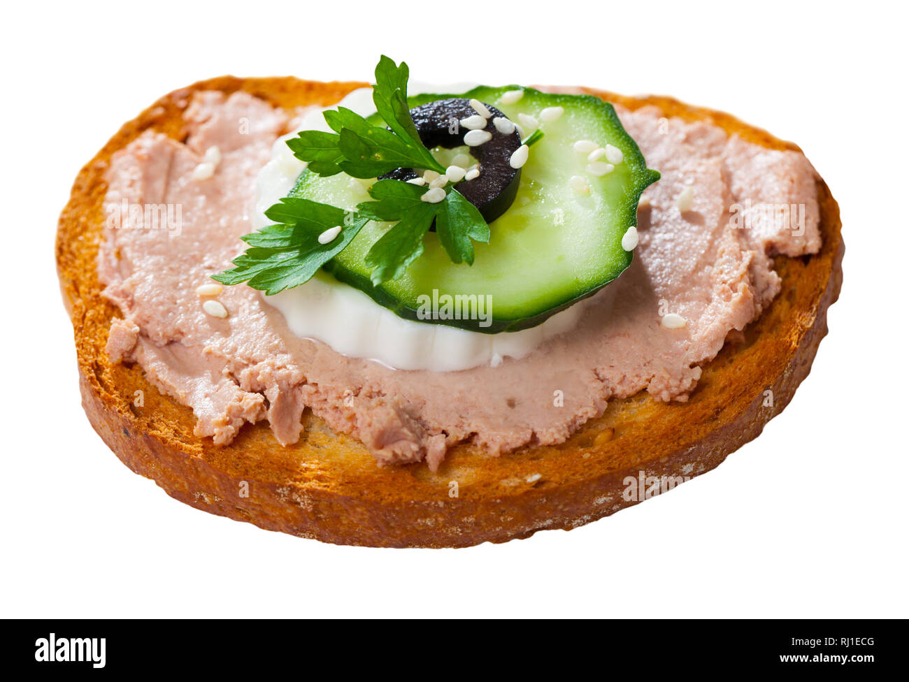 Sandwich with homemade chicken liver pate, green cheese and vegetables