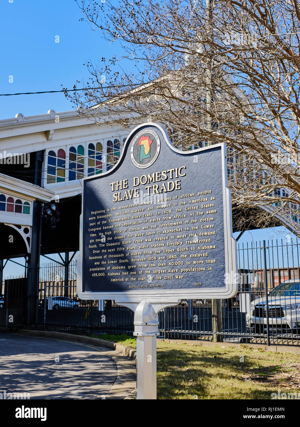 Slave trade historical marker describing the treatment of slaves in the 1800's during the height of the slave trade in Montgomery, Alabama USA. Stock Photo