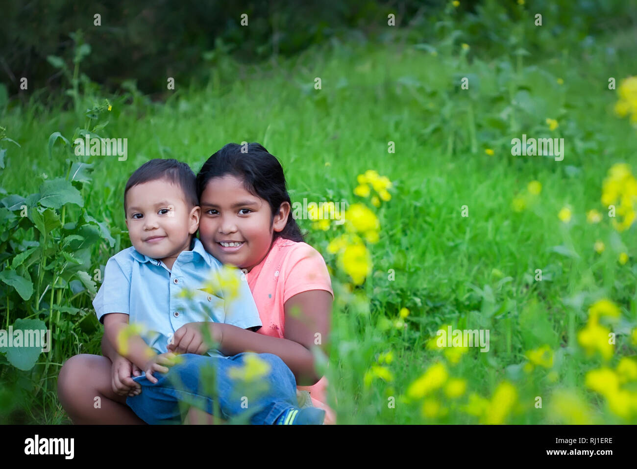 A little brother being held by his big sister, sitting together in a green field during spring. Stock Photo