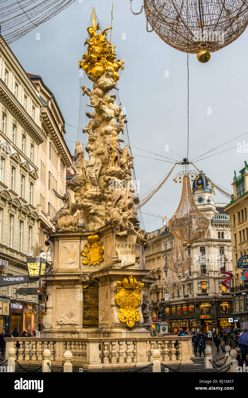 Trinity Column on Graben at Christmas. Vienna, Austria. Stock Photo