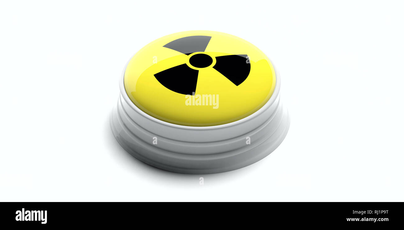 Nuclear threat. Yellow button with radiation warning symbol isolated on white background. 3d illustration Stock Photo