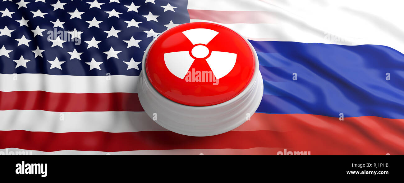 USA and Russia nuclear threat. Red button with radiation warning symbol on America and Russian flags background, banner. 3d illustration Stock Photo