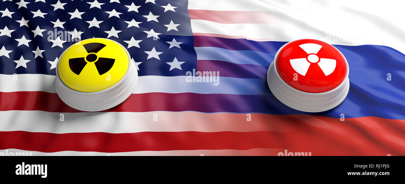 USA and Russia nuclear threat. Red and yellow buttons with radiation warning symbol on America and Russian flags background, banner. 3d illustration Stock Photo