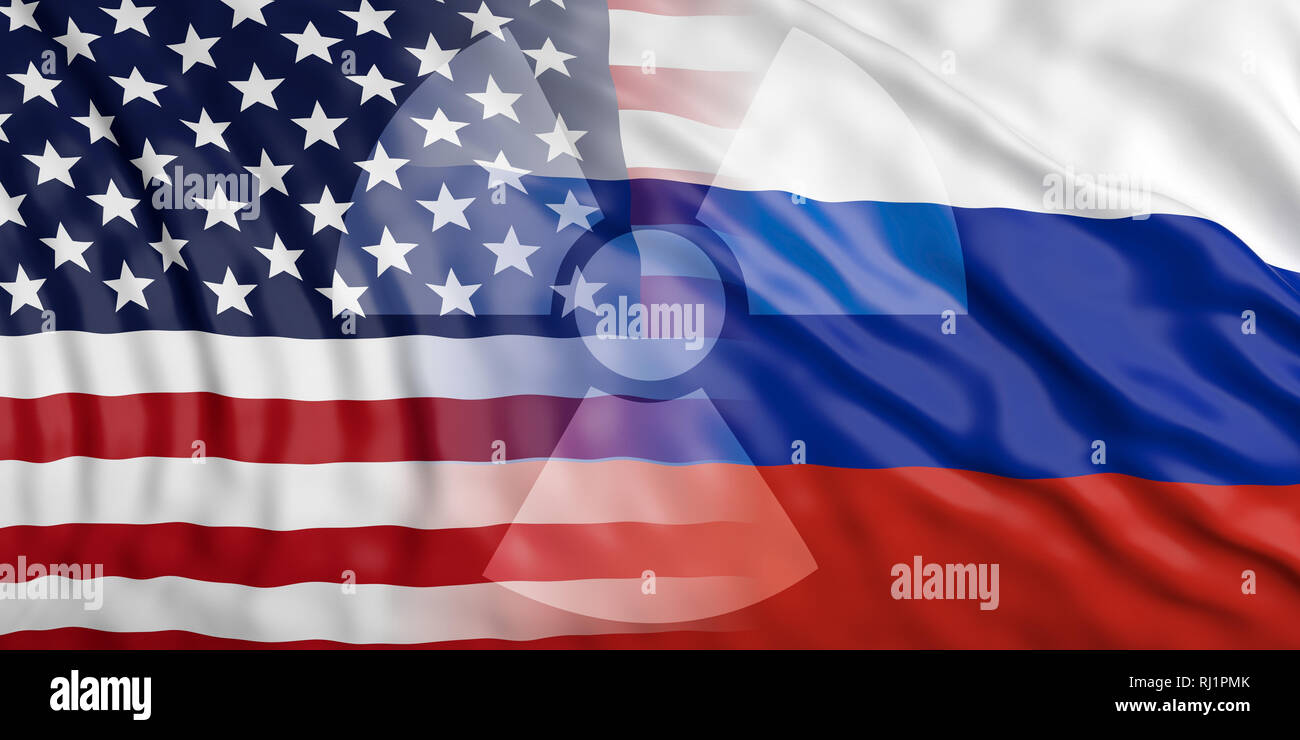 USA and Russia nuclear threat. Radiation warning symbol on America and Russian flags background, 3d illustration Stock Photo