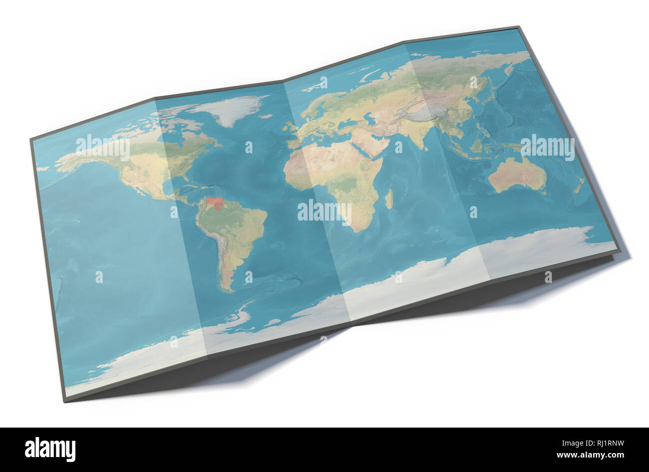 World map, Venezuela, drawn on a folded sheet, planisphere leaning on a surface, 3d rendering. Physical map Stock Photo