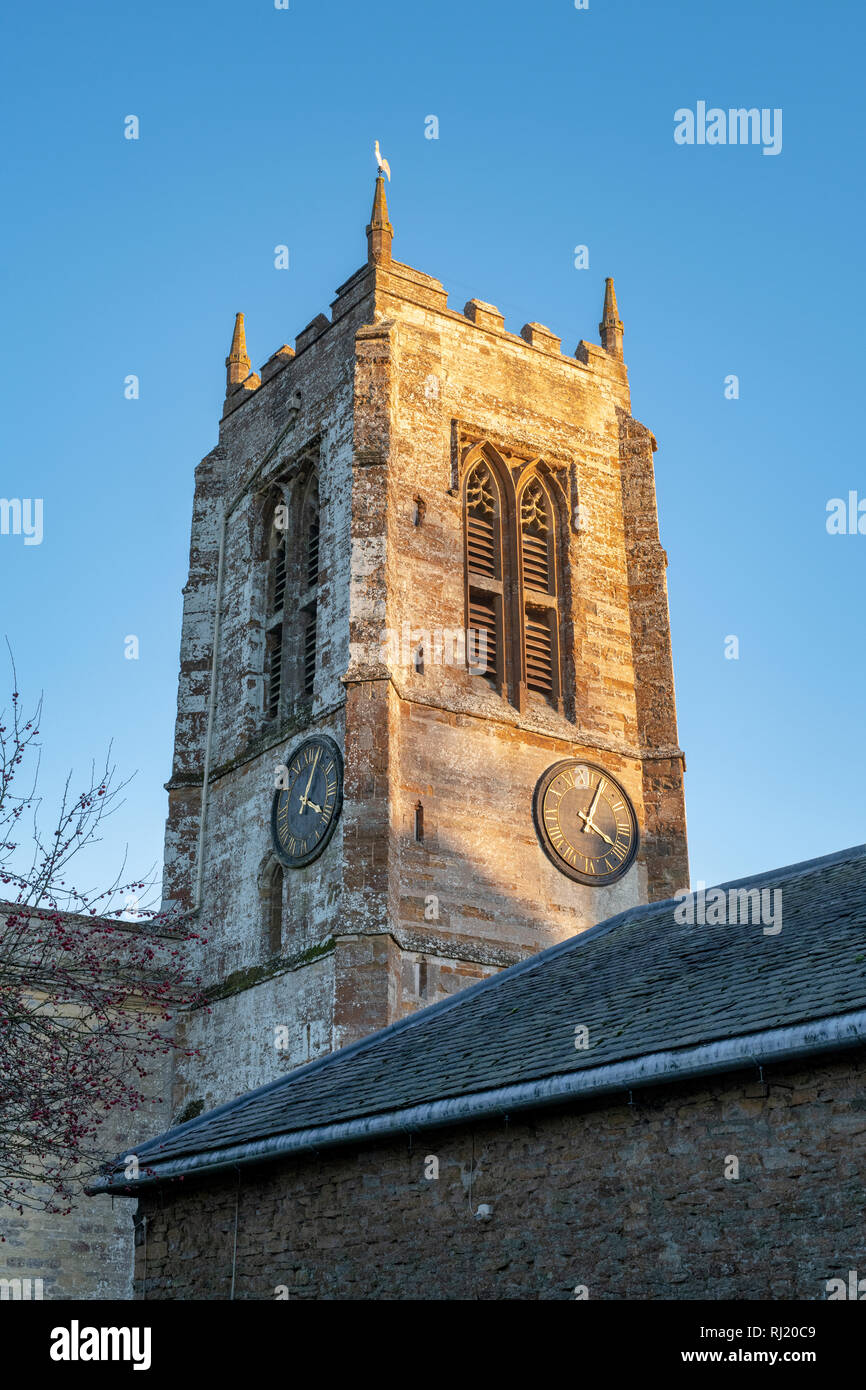 Winter sunlight on the church of St Michael in Aynho, Northamptonshire ...