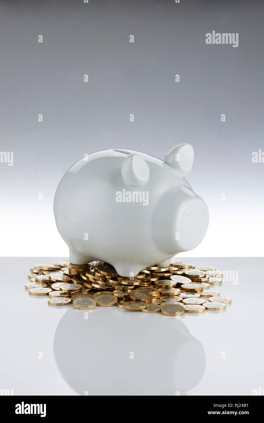 White Contemporary Piggy Bank with pound Coins Stock Photo