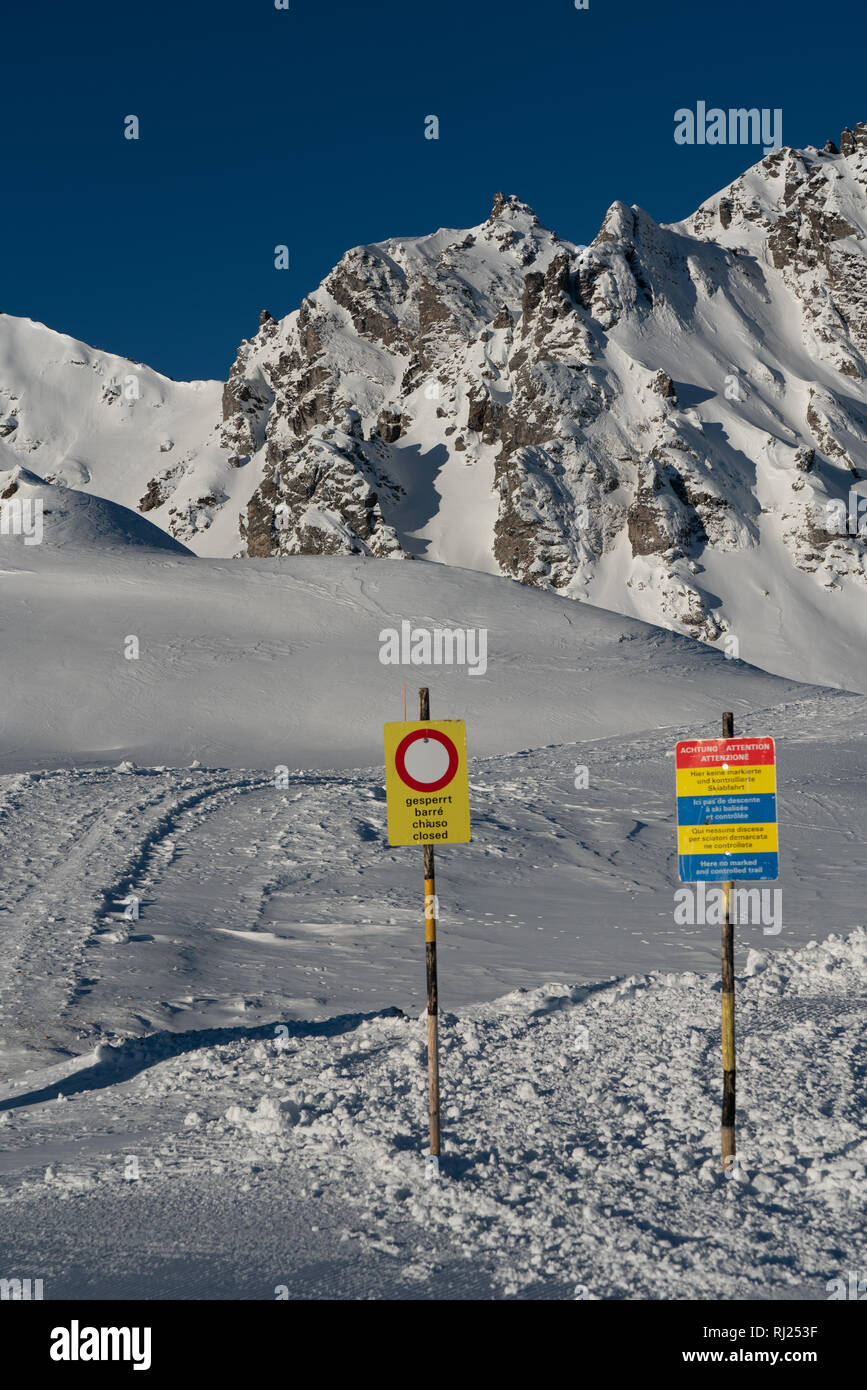 No skiing at Mt Graue Hörner hunting exclusion area, 2500 m/asl at Pizol skiing area in Switzerland. Stock Photo