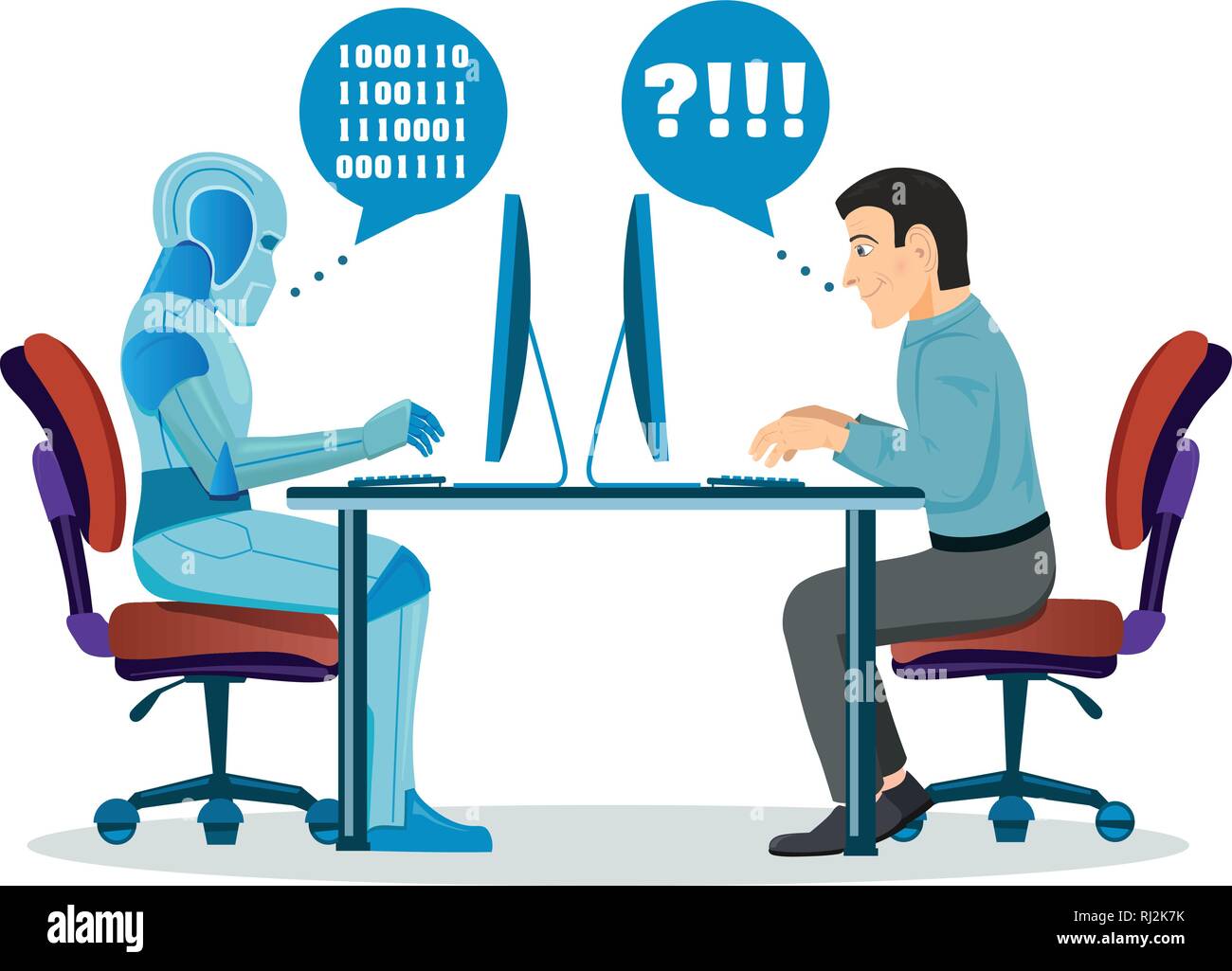 Robot Vs Human. Robotic Machine And Man Working At Computer Stock Vector  Image & Art - Alamy