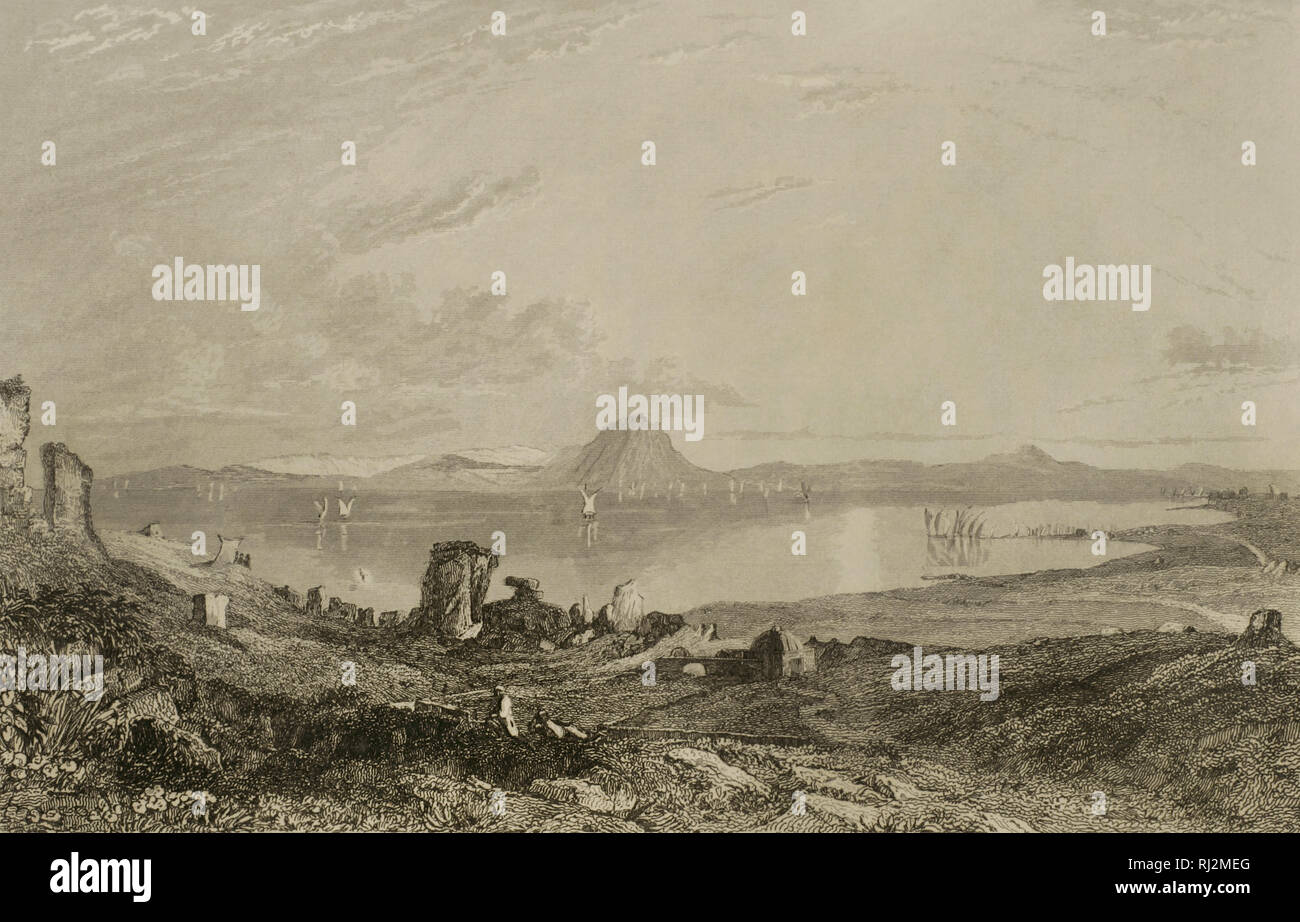 Ruins of Carthage. Lemaitre direxit. Engraving. Panorama Universal. History of Carthage, 1850. Stock Photo